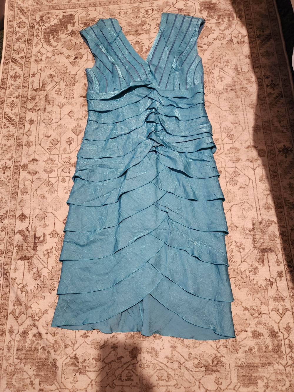 Ashro Teal Blue V-Neck Layered Ruffle Midi Dress